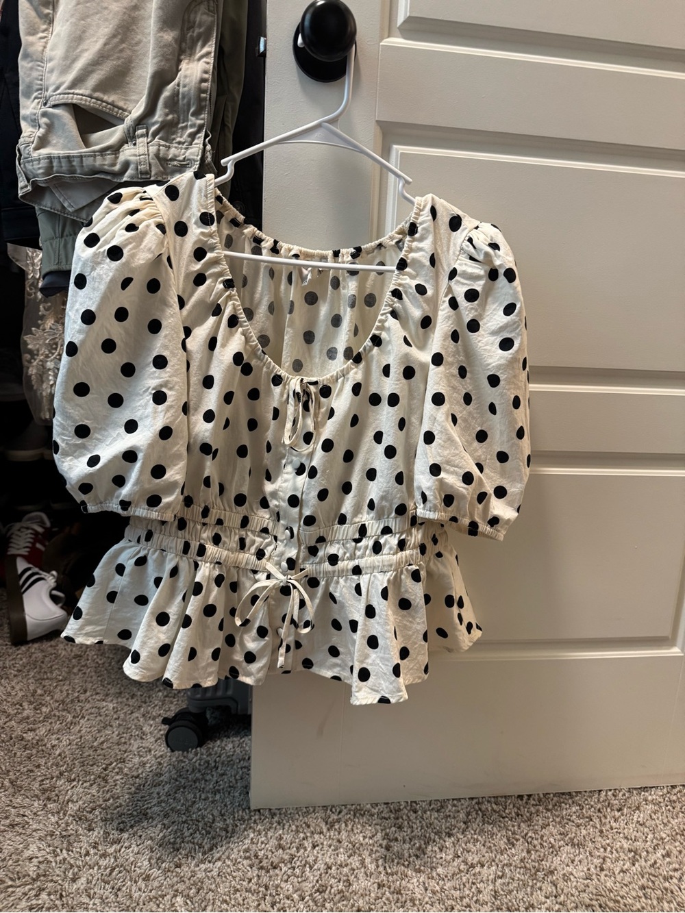 Joie White Polka Dot Puff Sleeve Peplum Blouse